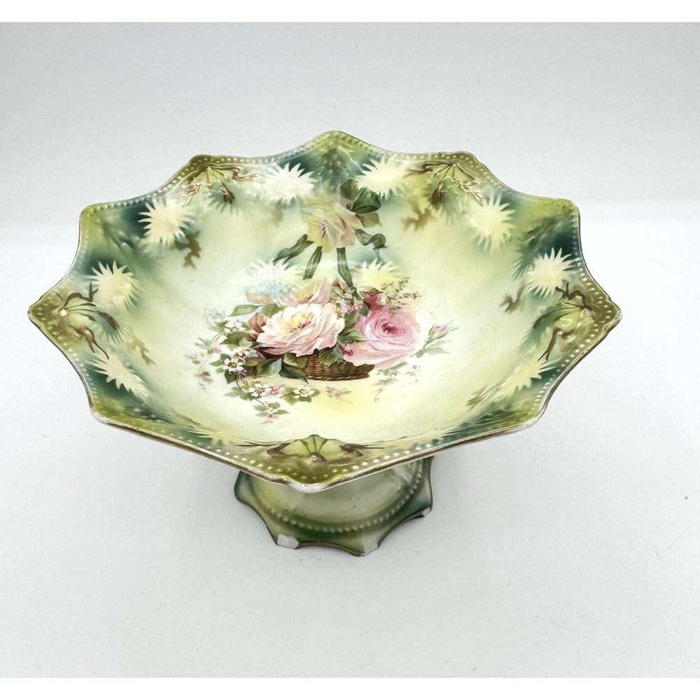 RS Prussia Pedestal Bowl Roses Green Pink Basket Gold Antique Porcelain- READ‎